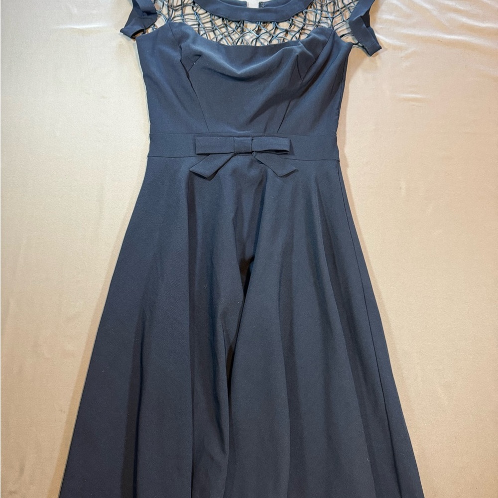 Tatyana Navy Midi Dress with Lace Yoke and Waist Bow